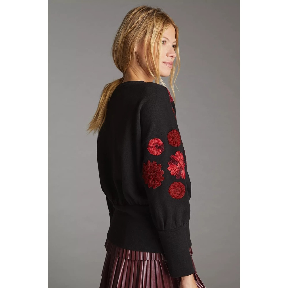 Anthropologie Maeve Red Floral Yarn Embroidered Black Sweatshirt Size Medium - Picture 3 of 8